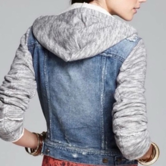 Free People Blue Denim Distressed Jacket with Gray Sleeves and hood - Picture 2 of 7